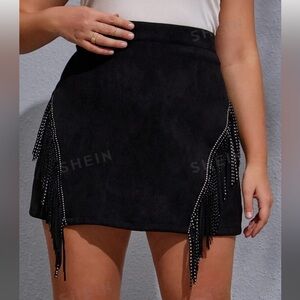 Shein Women’s Plus Solid Rhinestone Fringe Suedette
Skirt